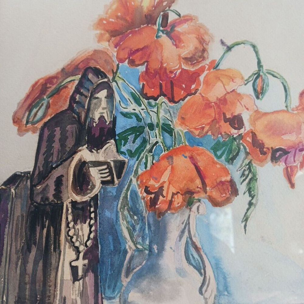 1958 Watercolor Painting Religious Monk Poppies Original Art